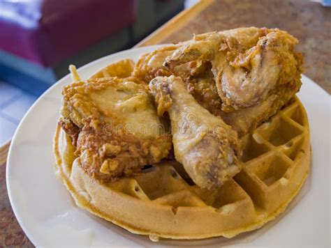 Close Up Shot Of A Southern Style Dish Of Deep Fried Chicken And Waffle