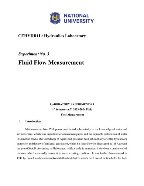 SOLUTION Hydraulics Laboratory Fluid Flow Measurement Studypool