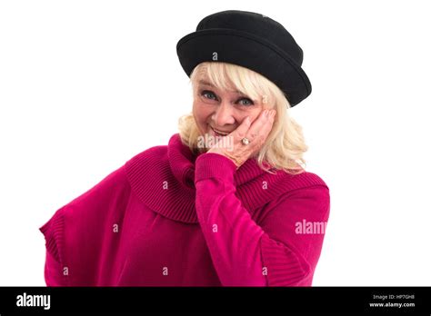 Lady Smiling And Touching Face Isolated Happy Woman Stock Photo Alamy