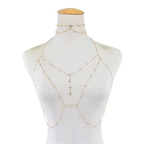 Hooun Women Bra Waist Belly Crossover Body Chain Harness Necklace Beach Bikini Jewelry Gold