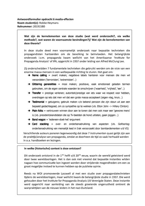 Antwoordformulier Opdracht Media Effecten Antwoordformulier