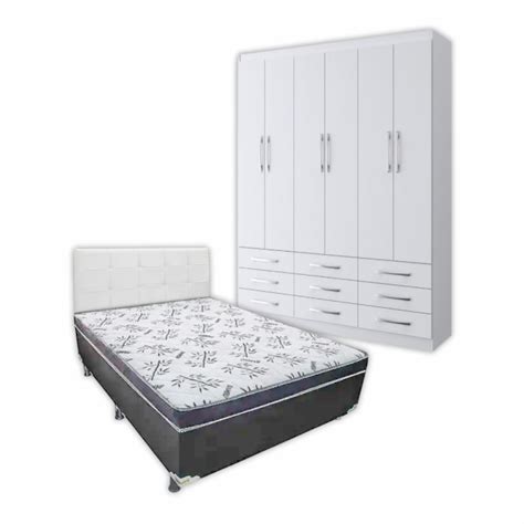 Kit Guarda Roupa Casal Bergamo 6 Portas 9 Gavetas Branco Cama Box