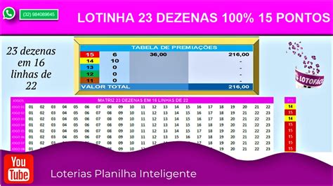 Planilha Lotinha 23 Dezenas Em 16 Linhas De 22 100 15 Pontos YouTube