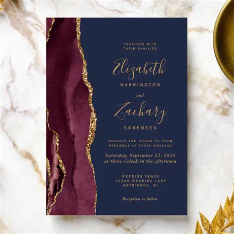 Modern Burgundy Gold Agate Navy Blue Wedding Invitation Zazzle