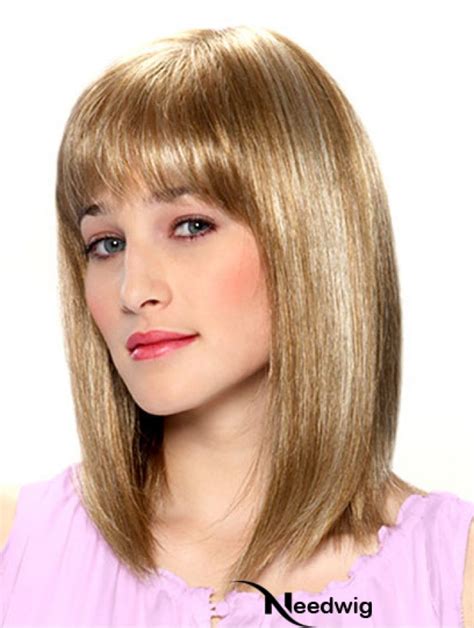 Lace Front Human Hair Wigs Blonde Color Shoulder Length With Bangs