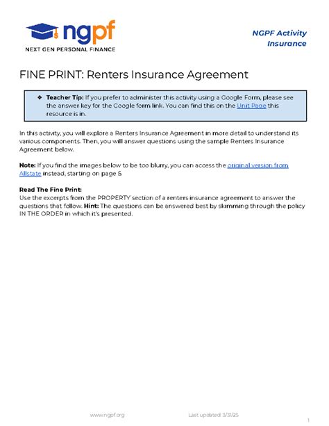 Fine Print Renters Insurance Agreement Answer Key