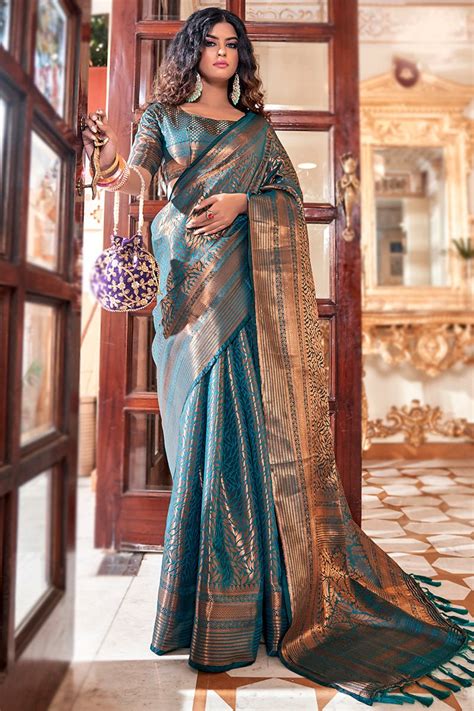 Teal Blue Kanchipuram Silk Embroidered Saree Sarv