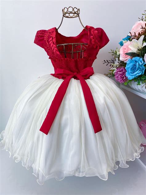 Vestido Infantil Vermelho E Off Renda Luxo Festas Princesa Rosa