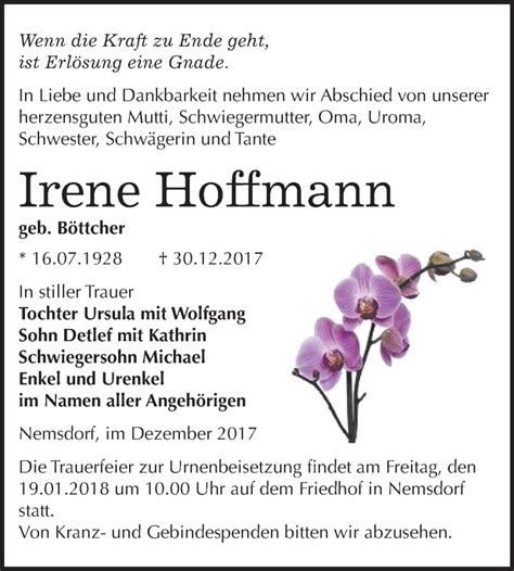 Traueranzeigen Von Irene Hoffmann Abschied Nehmen De