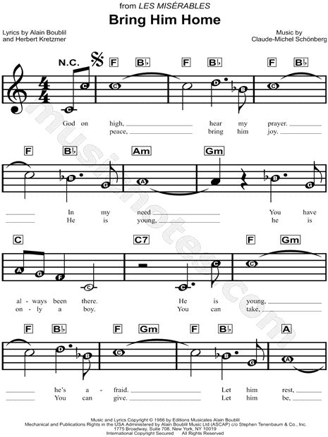 "Bring Him Home" from 'Les Misérables' Sheet Music for Beginners in C ...