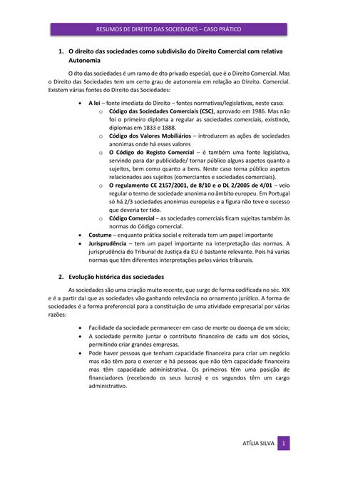 Resumos de Direito das sociedades Caso prático ATÕLIA SILVA 1 1 O