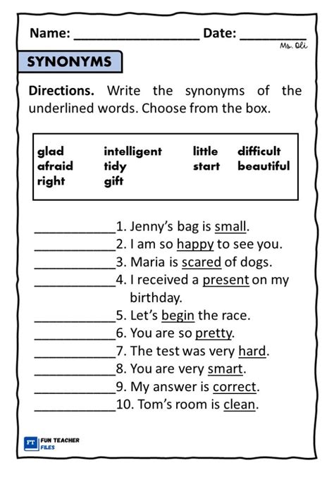 Synonyms Worksheet For Grade With Answers