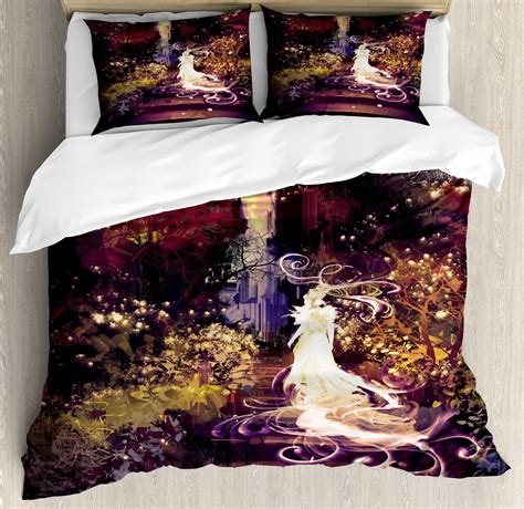 Fantasy Duvet Cover Set Surreal Silhouette Of Elf Lady On Stair In