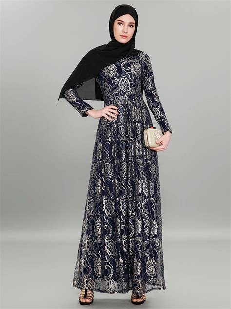 2019 Women Muslim Dress Elegant Club Party Lace Abaya Dress O Neck Long Sleeve Plus Size Xxl