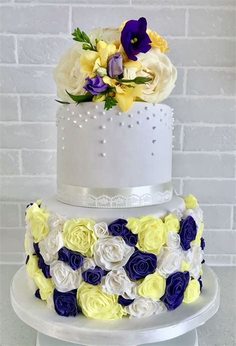 Purple And Yellow Rose Ruffle Wedding Cake By Serendipity Cake Company