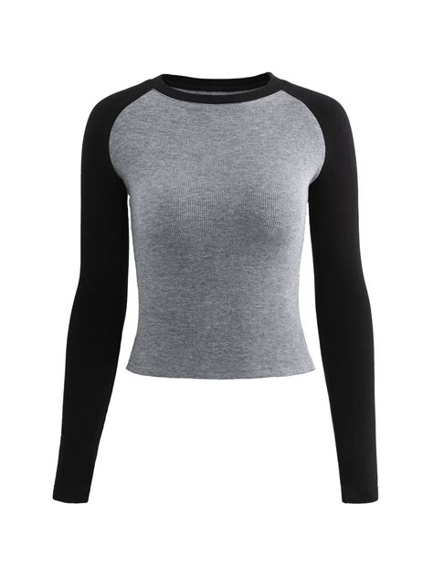 Raglan Sleeve Rib Crop Top Gray S In Long Sleeves Online Store