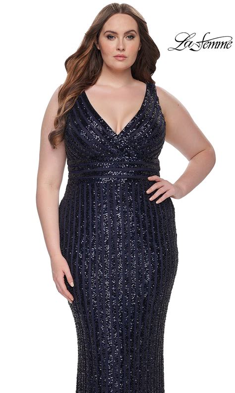 Plus Size Long Prom Dress With Sequin Stripes