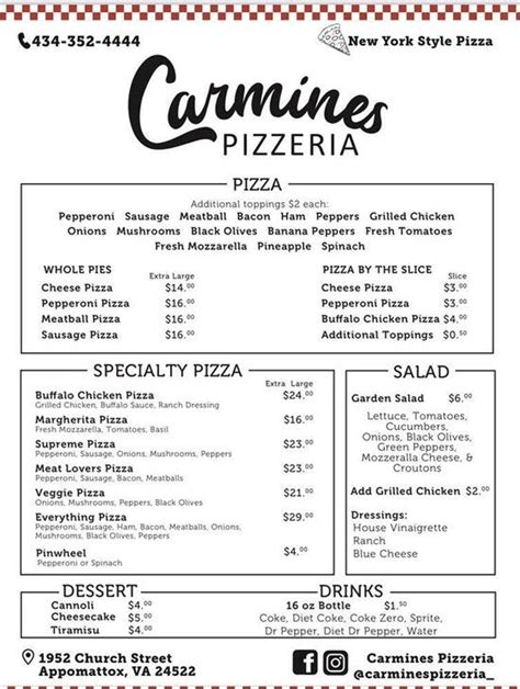 Menu at Carmine’s Pizzeria, Appomattox