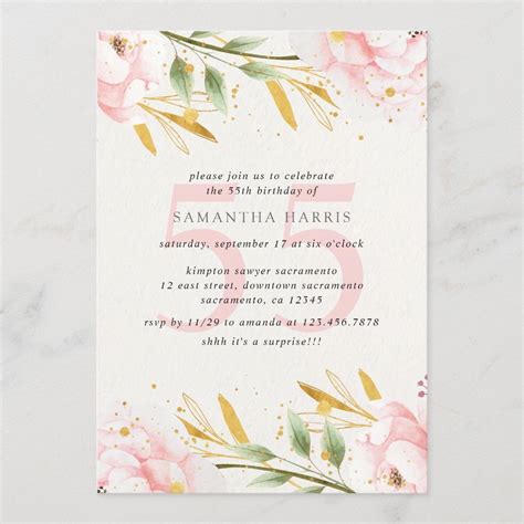 Elegant Watercolor Pink And Gold 55th Birthday Party Invitation Size 5 X 7 Gender Unisex Age