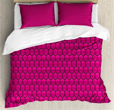 Hot Pink Duvet Cover Set Honeycomb Pattern Nature Inspired Design With Monochrome Color Scheme