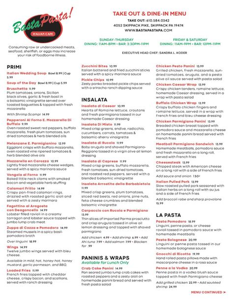 Restaurant Menu Basta Pasta