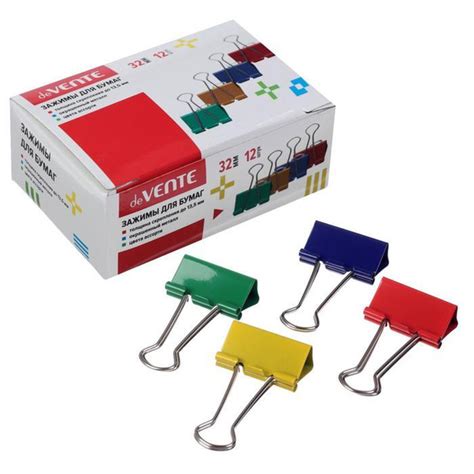 Зажимы для бумаг 32 мм, 12 штук, deVENTE, металлические, МИКС х 4 цвета ...