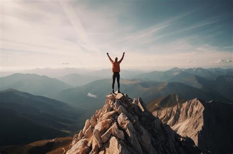 Um Homem No Topo De Uma Montanha Os Bra Os Levantados Em Cima Dela