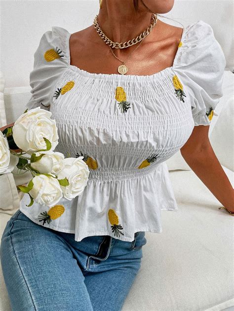 White Casual Short Sleeve Cotton Fruitandvegetable Peplum Embellished Non Stretch Summer Women