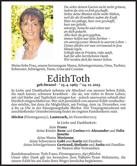 Todesanzeigen Von Edith Toth Todesanzeigen Vorarlberger Nachrichten