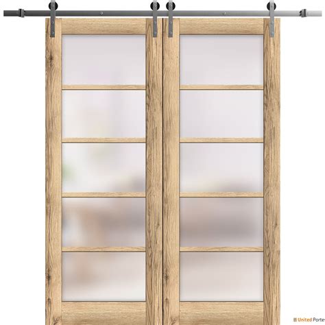 Quadro 4002 Oak Double Barn Door With Frosted Glass And Silver Rail