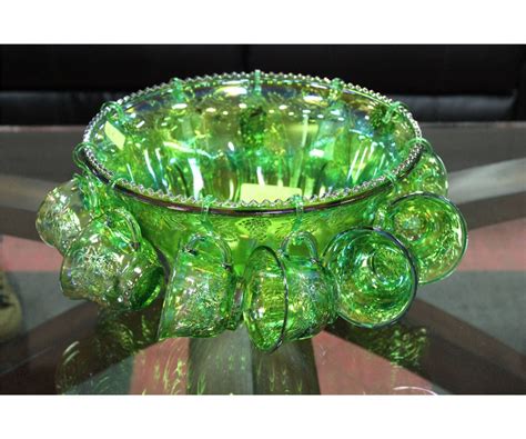 Vintage Green Carnival Glass Punch Bowl Set