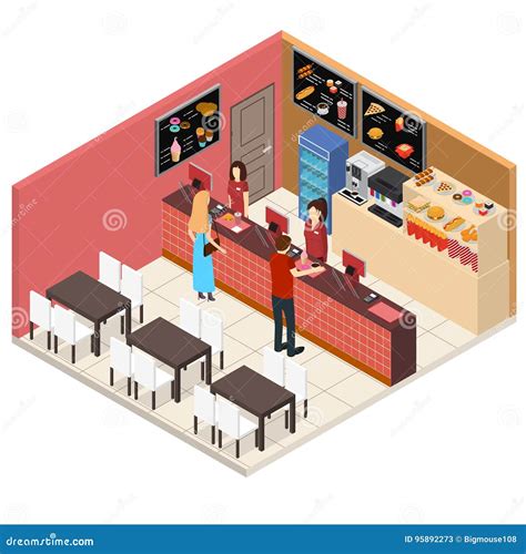 Interior Fast Food Restaurant Isometric View Vector Stock Vector