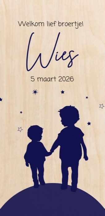 Geboortekaartje Silhouette Twee Broertjes Op Echt Hout