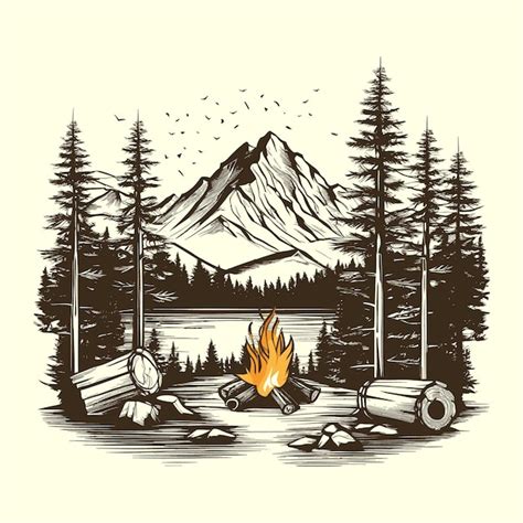 Premium Vector Free Vector Hand Sketch Campfire With Mountains And