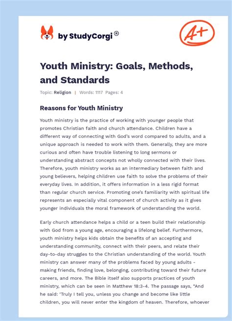 Youth Ministry Goals Methods And Standards Free Essay Example