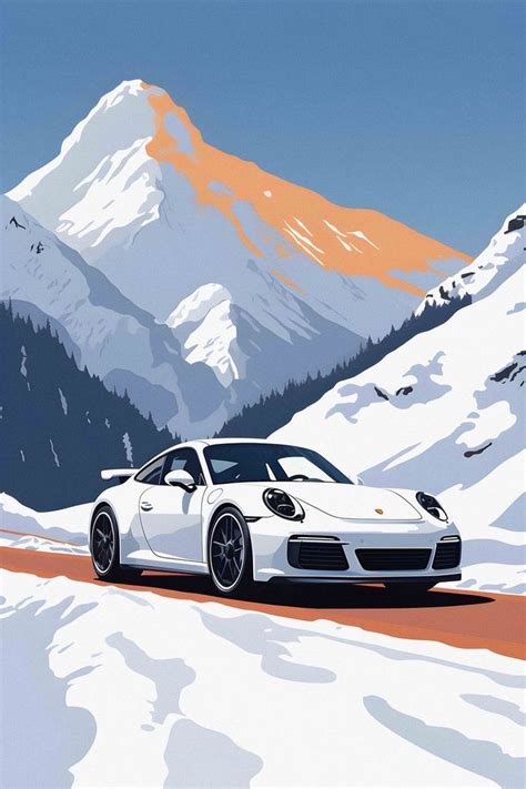 A White Car Driving Down A Snow Covered Road Next To A Snowy Mountain