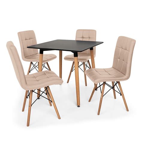 Conjunto Mesa De Jantar Eiffel 80x80cm Preta 4 Cadeiras Eiffel Gomos Estofada Nude