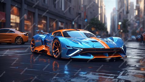 Premium Photo Futuristic Blue And Orange Sports Car On City Street