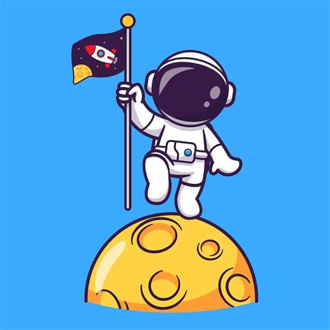 Bonito astronauta segurando a bandeira do foguete na ilustração do