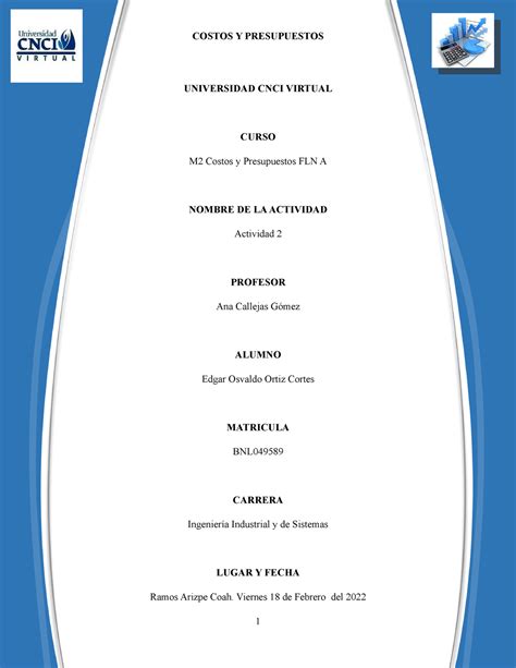 M2 Costos Y Presupuestos ACT 2 UNIVERSIDAD CNCI VIRTUAL CURSO M2