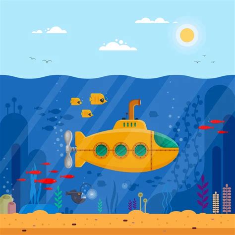 Horizontal Banner Yellow Submarine With Periscope School Of Fish