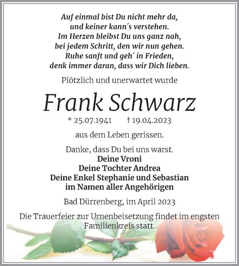 Traueranzeigen Von Frank Schwarz Abschied Nehmen De