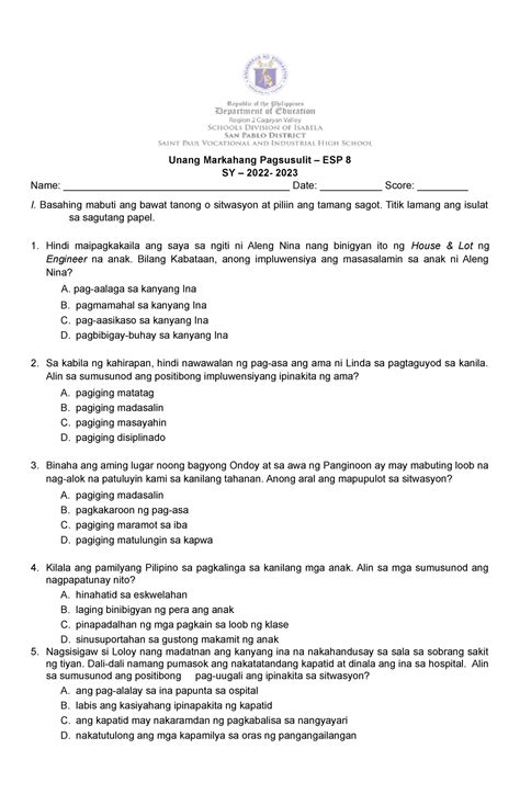 Grade First Periodical Test In Epp Unang Markahang Pagsusulit Sa