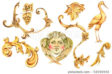 Watercolor Golden Baroque Floral Curl Rococo Stock Illustration