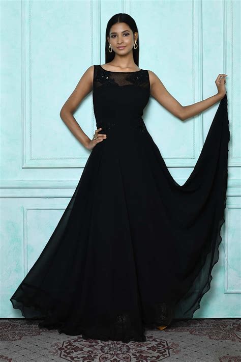 Buy Black Georgette Embroidered And Patch Work Sequin Illusion Floral
