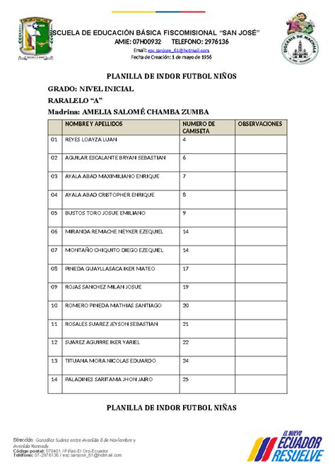 Registro de Jugadores Estudiantes - ESCUELA SAN JOSÉ AMIE: 07H00932