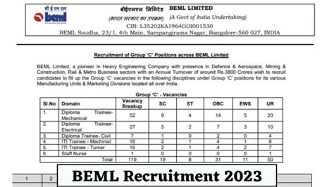 BEML Recruitment 2023 Trainee Post Apply Online 119 Vacancies