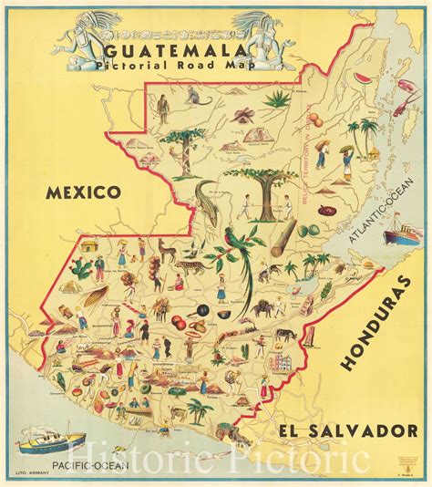 Guatemala Pictorial Road Map C Neutze Vintage Wall Decor