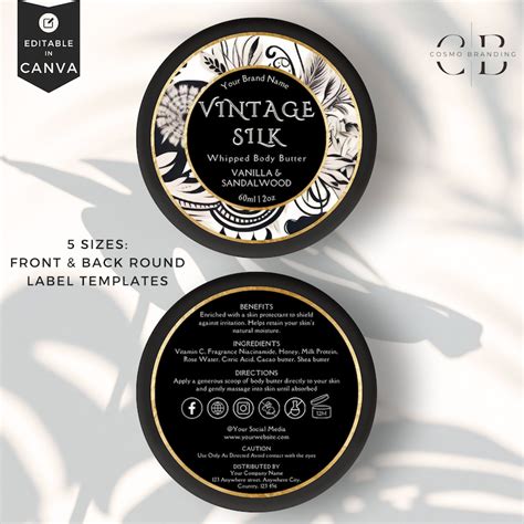 Jar Label Templates Black Vintage Editable Cosmetic Template Canva Template Body Product