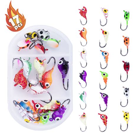 Goture 17pcs Ice Fishing Jigs Set 3 Type Color Winter Lure Hook Lead